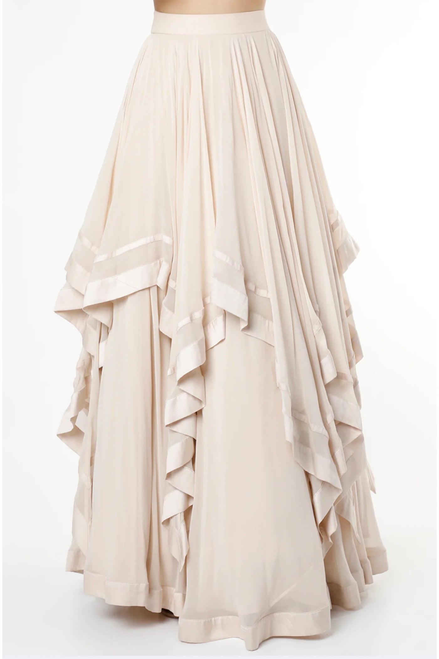 maison blu Ivory Ruffle Skirt With Bustier And Pink Embellished Long Tassels Cape festive fusion Indian designer wear online shopping melange singapore