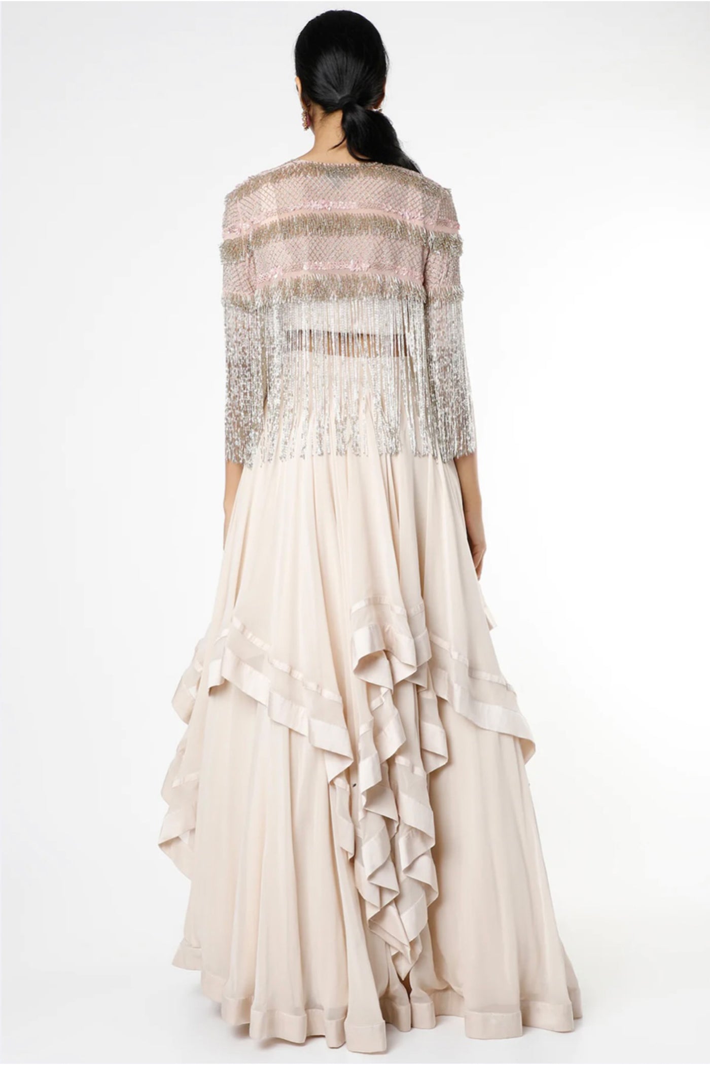 maison blu Ivory Ruffle Skirt With Bustier And Pink Embellished Long Tassels Cape festive fusion Indian designer wear online shopping melange singapore