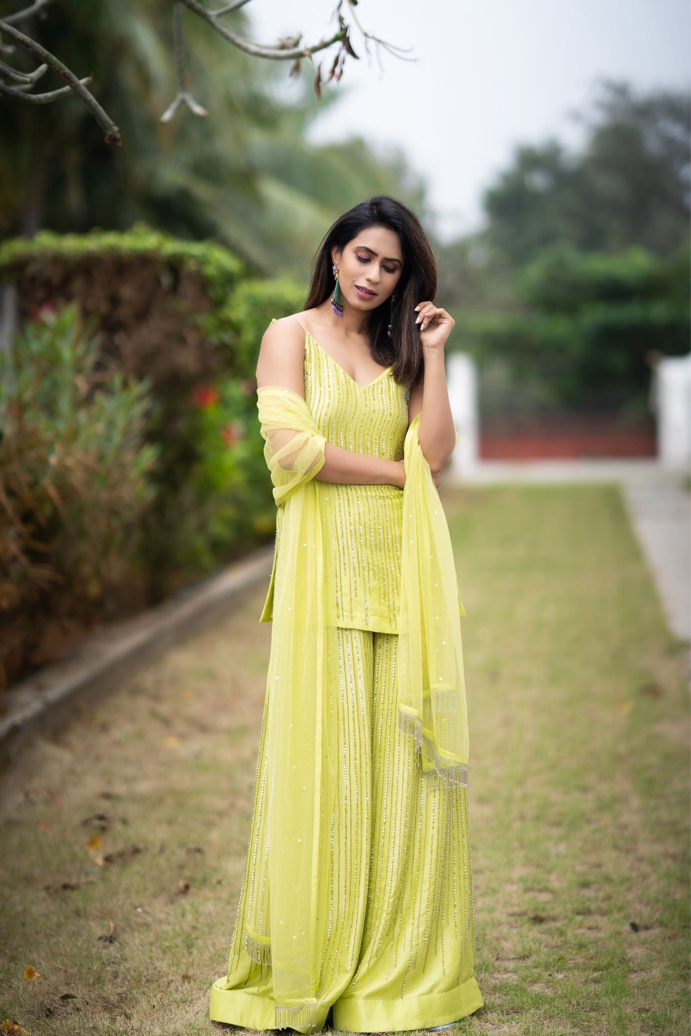 maison blu Yellow Sunraised Line Pant And Cutwork Cape festive fusion Indian designer wear online shopping melange singapore