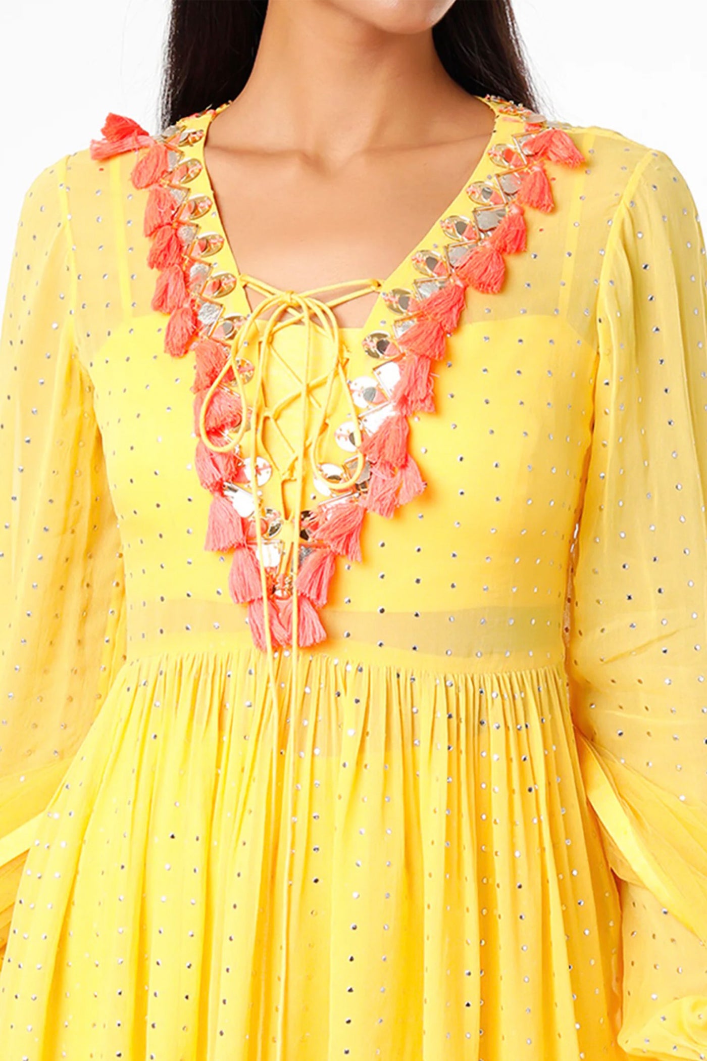 maison blu Mango Yellow Arsy Top With Neon Pink Tassels With Gharara Dupatta And Bustier festive fusion Indian designer wear online shopping melange singapore