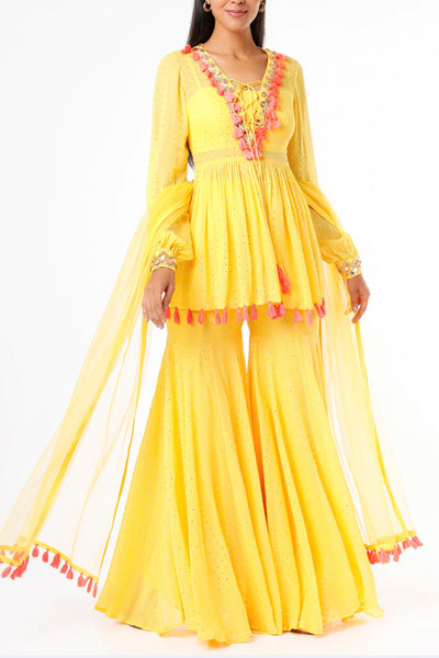 maison blu Mango Yellow Arsy Top With Neon Pink Tassels With Gharara Dupatta And Bustier festive fusion Indian designer wear online shopping melange singapore