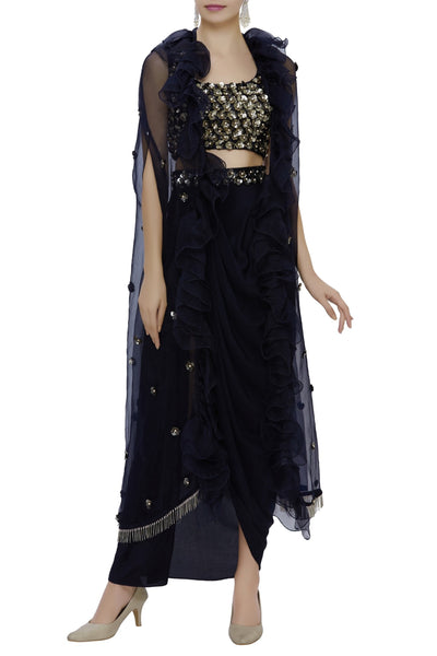 maison blu Mid Night Blue Waterlilly Blouse And Drape Skirt With Ruffle Cape With Tassels festive fusion Indian designer wear online shopping melange singapore