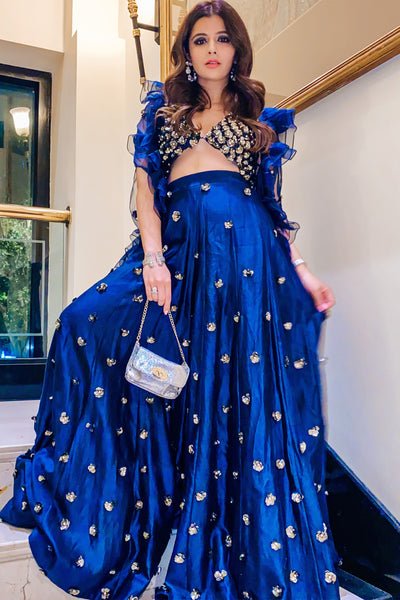 maison blu Mid Night Blue Waterlilly Sharara With Waterlilly Blouse And Ruffle Cape With Tassels festive fusion Indian designer wear online shopping melange singapore