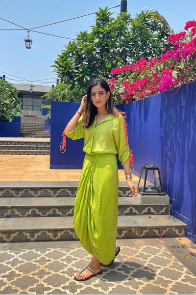 maison blu Neon Green Arsy Wrap- a -Round Dress With Neon Pink Tassels festive fusion Indian designer wear online shopping melange singapore