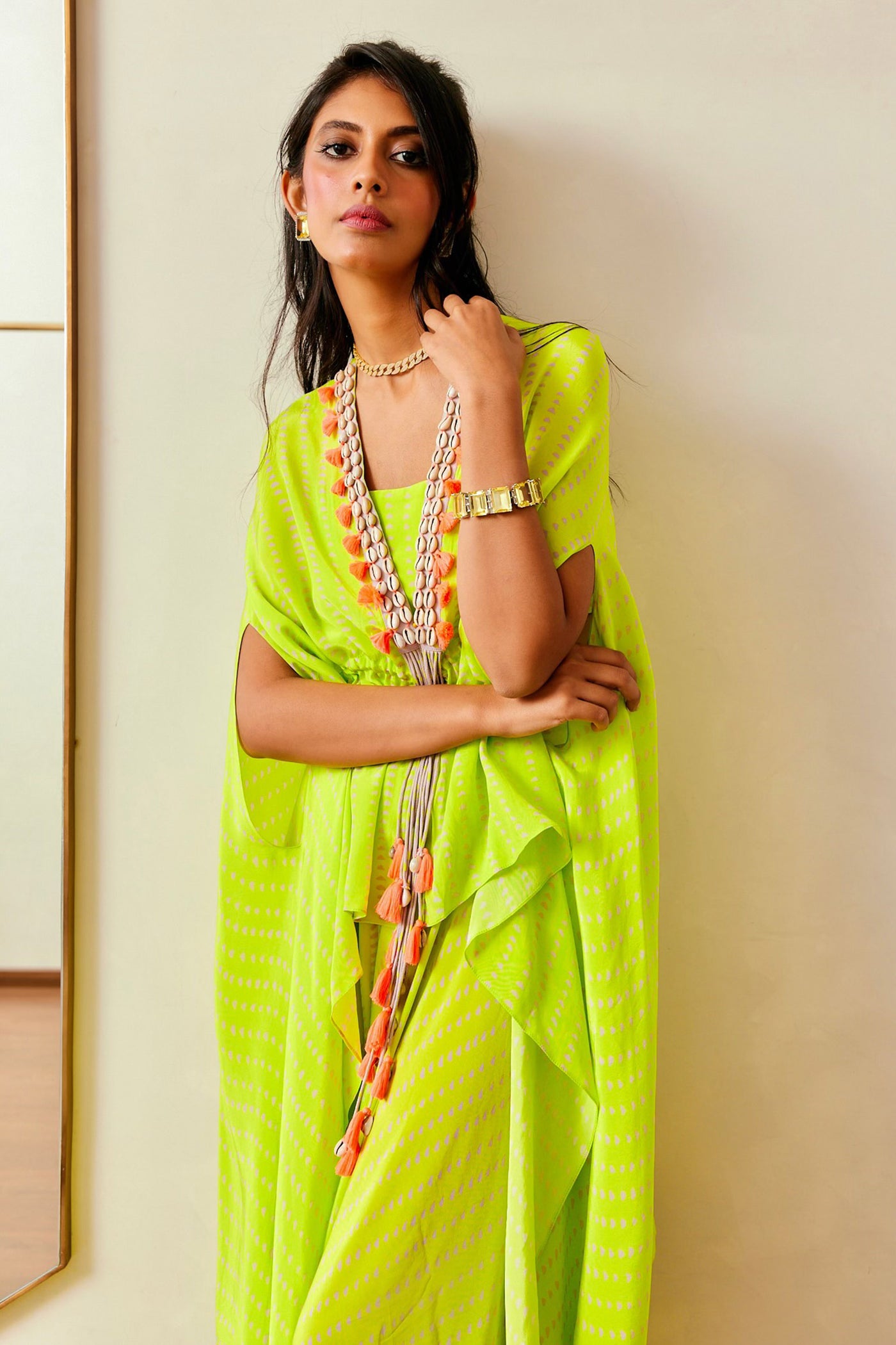Maison Blu Neon Green Shell Cape With Cowl Pant online shopping melange singapore indian designer wear