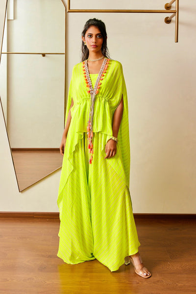 Maison Blu Neon Green Shell Cape With Cowl Pant online shopping melange singapore indian designer wear