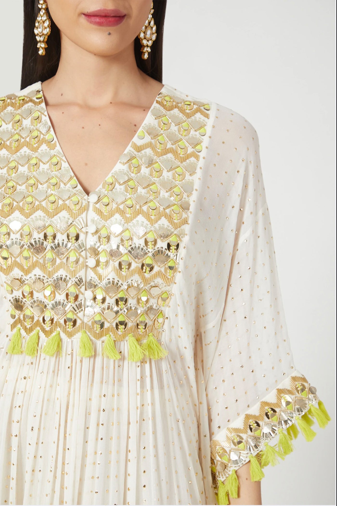 maison blu Off White Arsy Kaftan With Neon Green Tassels And Cowl Pant With Slip festive fusion Indian designer wear online shopping melange singapore