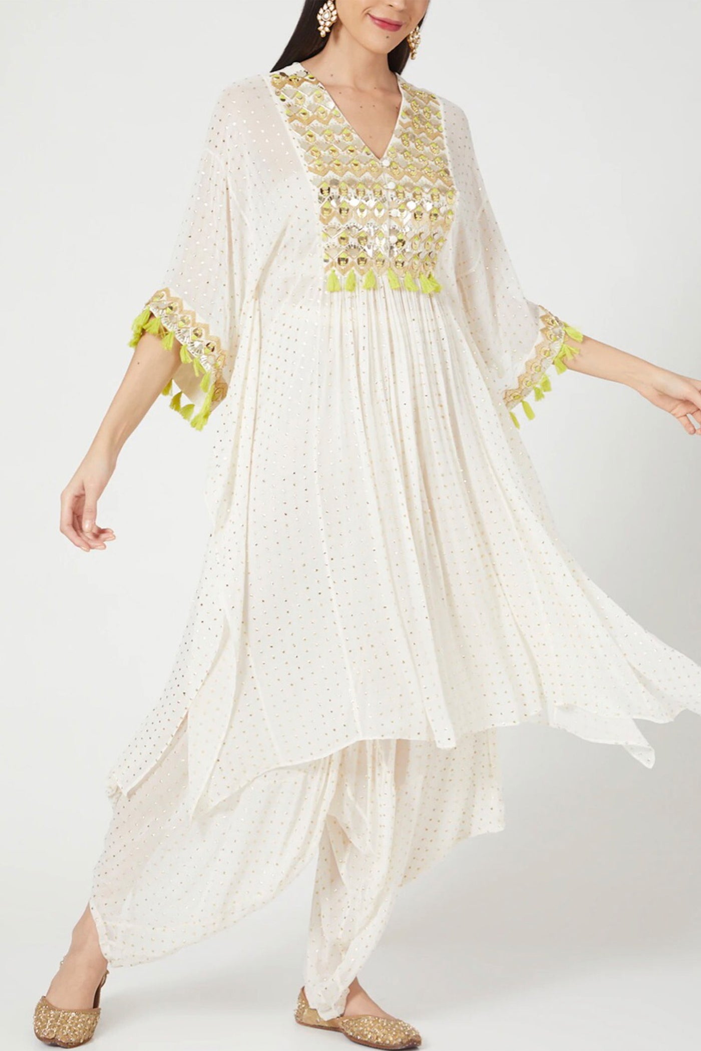 maison blu Off White Arsy Kaftan With Neon Green Tassels And Cowl Pant With Slip festive fusion Indian designer wear online shopping melange singapore