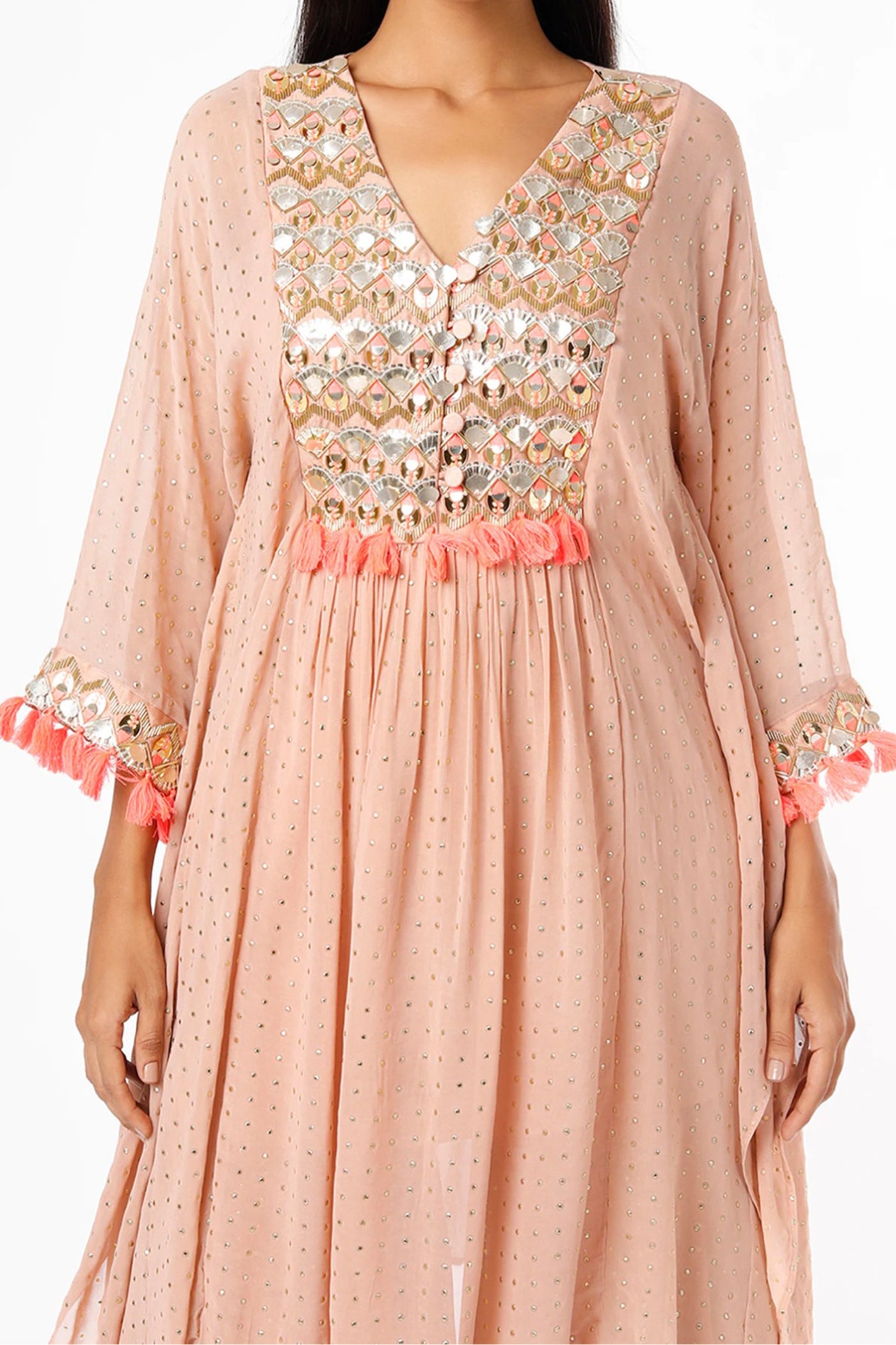 maison blu Peach Arsy Kaftan With Neon Pink Tassels With Gharara And Slip festive fusion Indian designer wear online shopping melange singapore