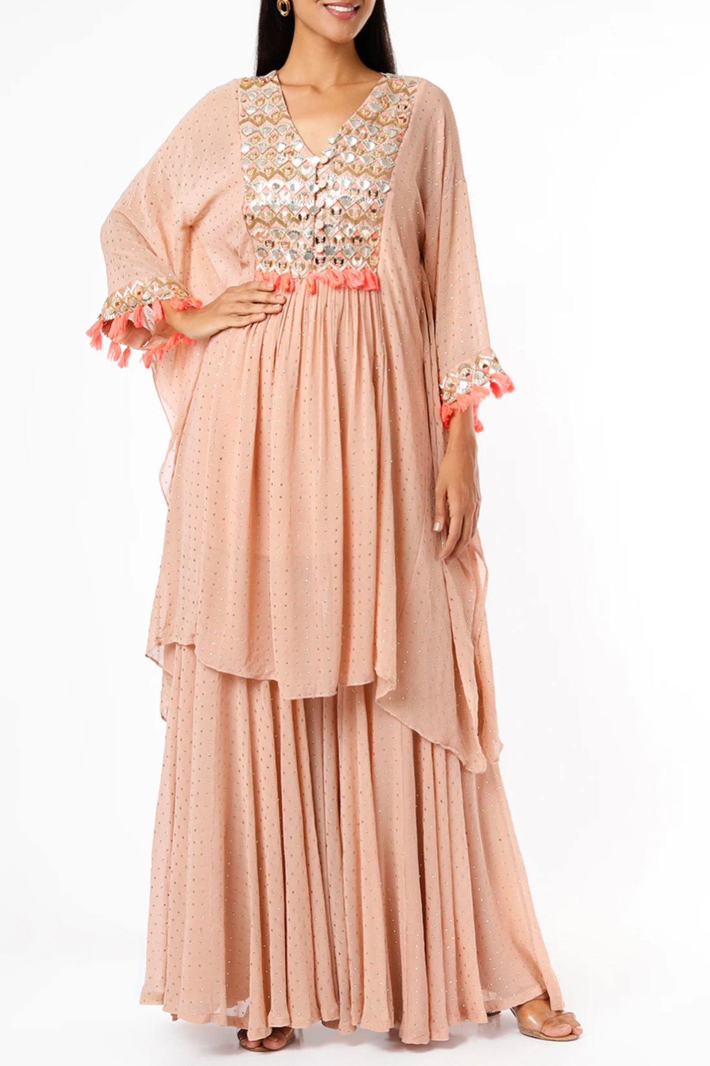 maison blu Peach Arsy Kaftan With Neon Pink Tassels With Gharara And Slip festive fusion Indian designer wear online shopping melange singapore