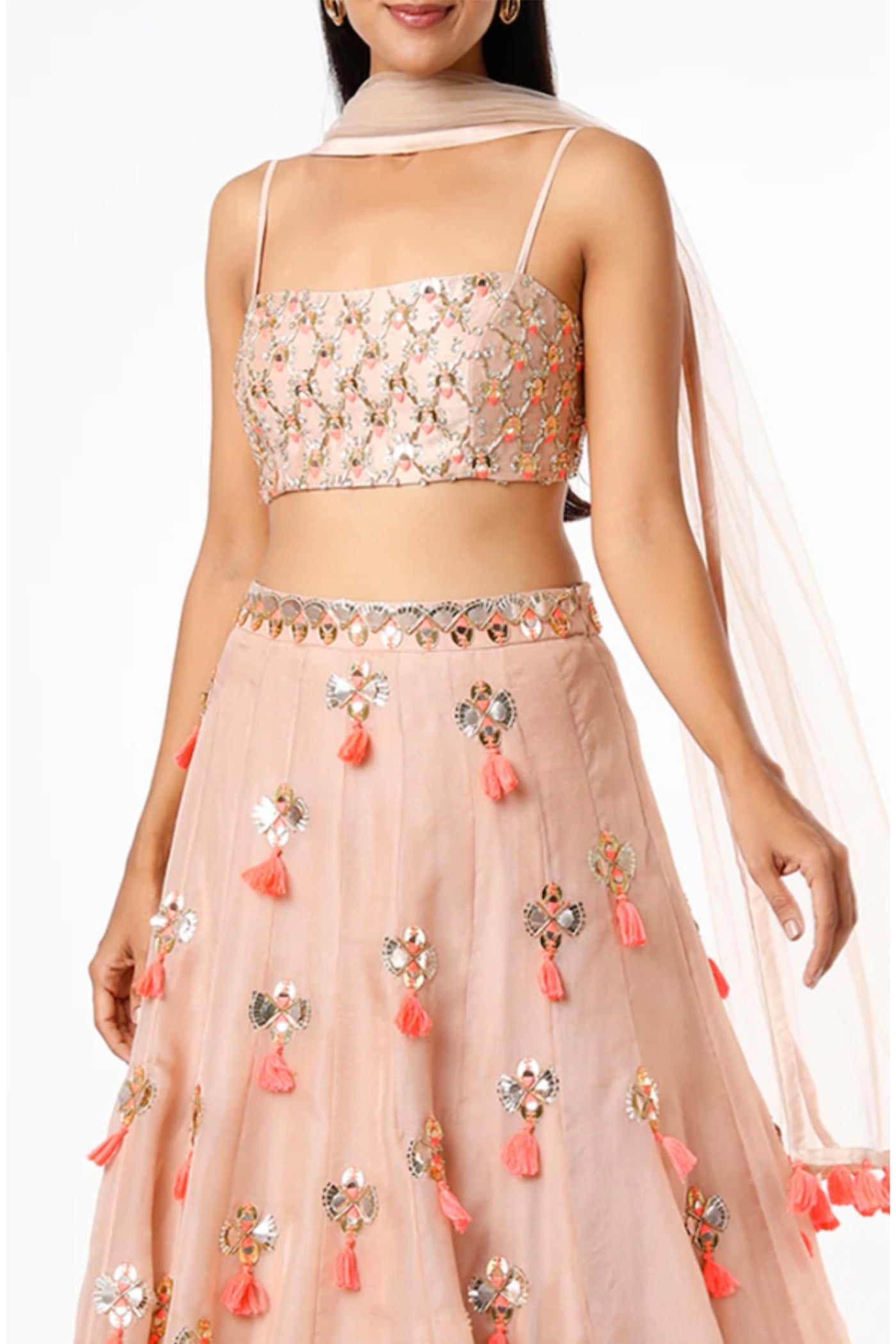 maison blu Peach Arsy Latice Bustier And Arsy Lehanga With Neon Pink Tassels And Dupatta festive fusion Indian designer wear online shopping melange singapore