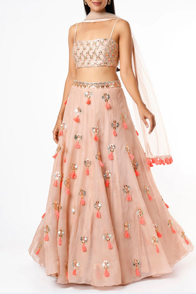 maison blu Peach Arsy Latice Bustier And Arsy Lehanga With Neon Pink Tassels And Dupatta festive fusion Indian designer wear online shopping melange singapore