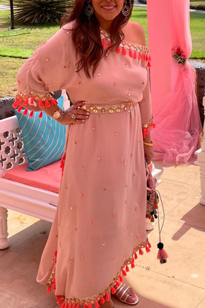 maison blu Peach Arsy Off-shulder Dress With Neon Pink Tassels Belt And Slip festive fusion Indian designer wear online shopping melange singapore