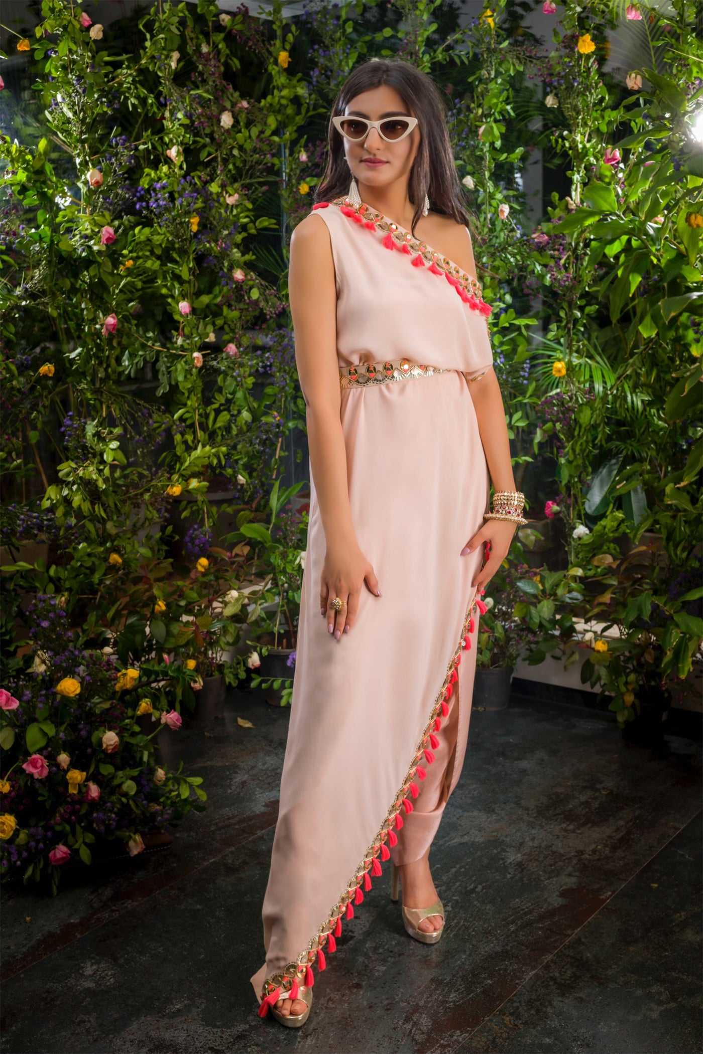 maison blu Peach Off Shoulder Arsy Cape With Neon Pink Tassels And Slip With Dhoti And Arsy Belt festive fusion Indian designer wear online shopping melange singapore