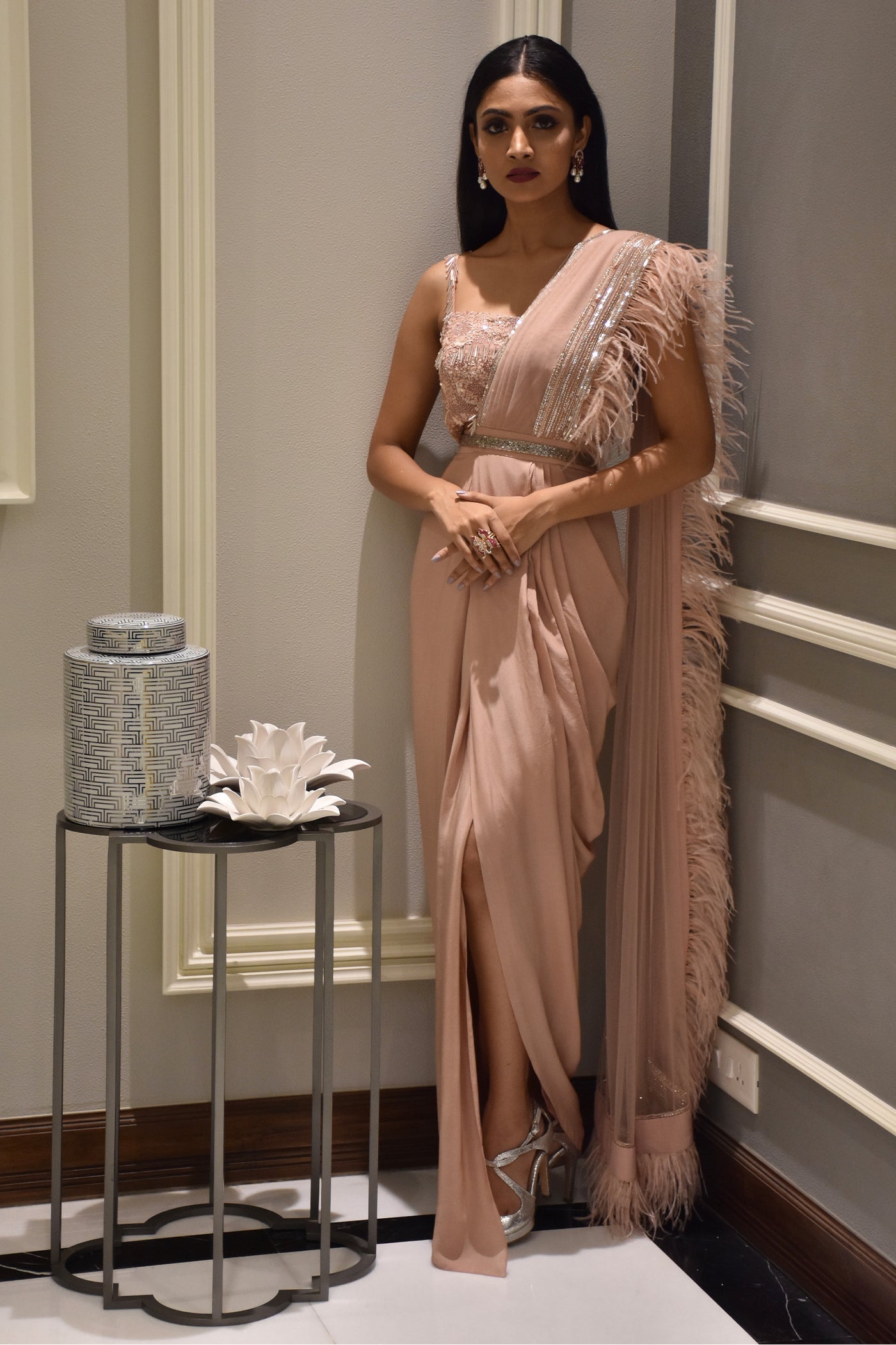 maison blu Pink Feather Saree With Embellished Bustier And Silver Belt festive fusion Indian designer wear online shopping melange singapore