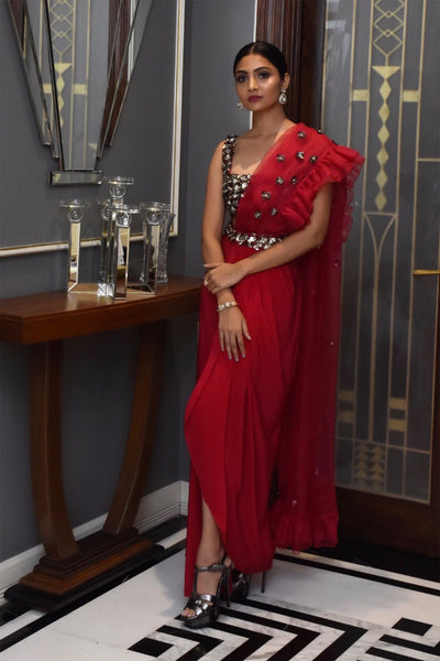 maison blu Red Drape Ruffle Saree With Waterlilly Bllouse festive fusion Indian designer wear online shopping melange singapore