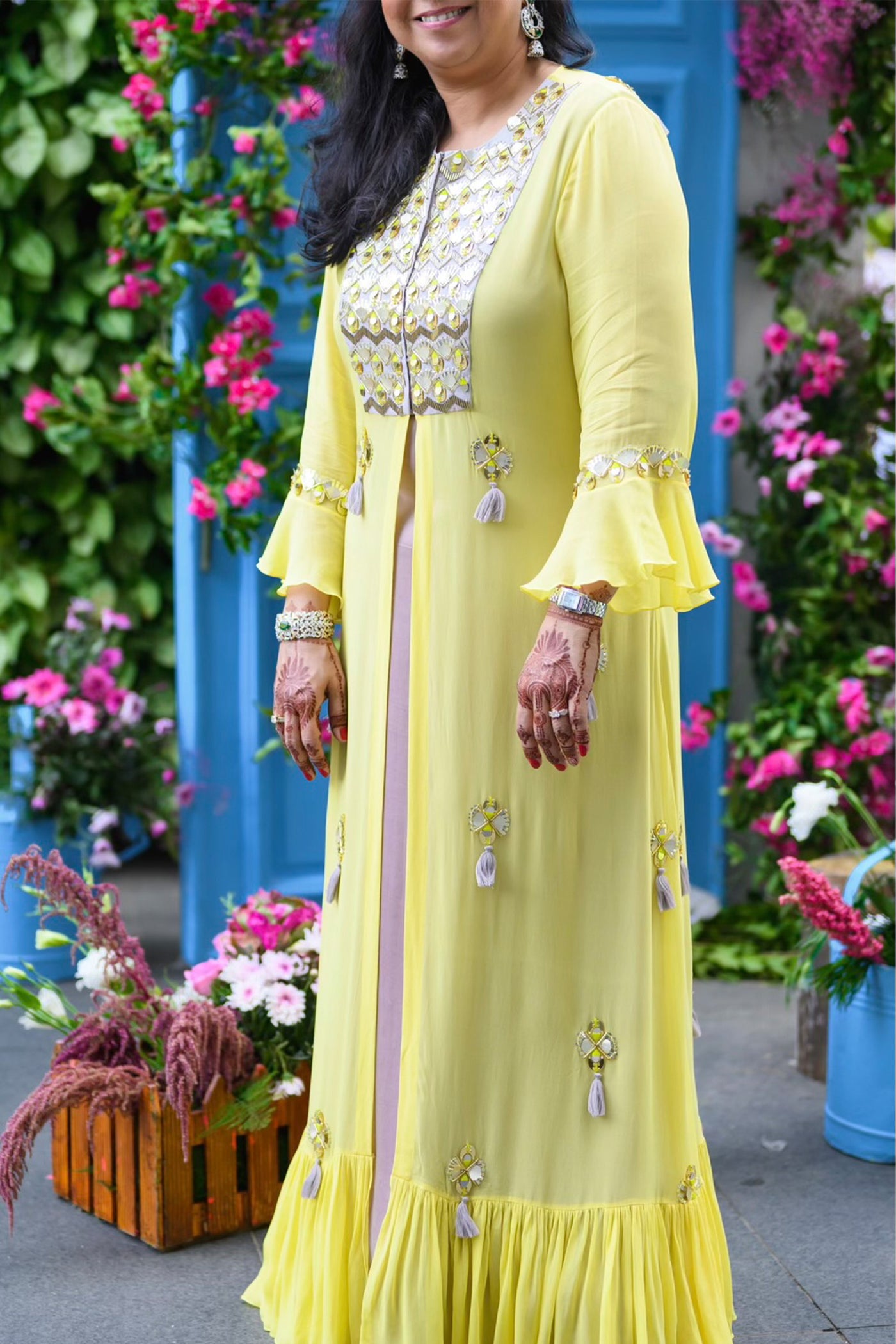 maison blu Yellow Arsy Yoke Jacket With Mauve Tassels And Mauve A Line Dress festive fusion Indian designer wear online shopping melange singapore