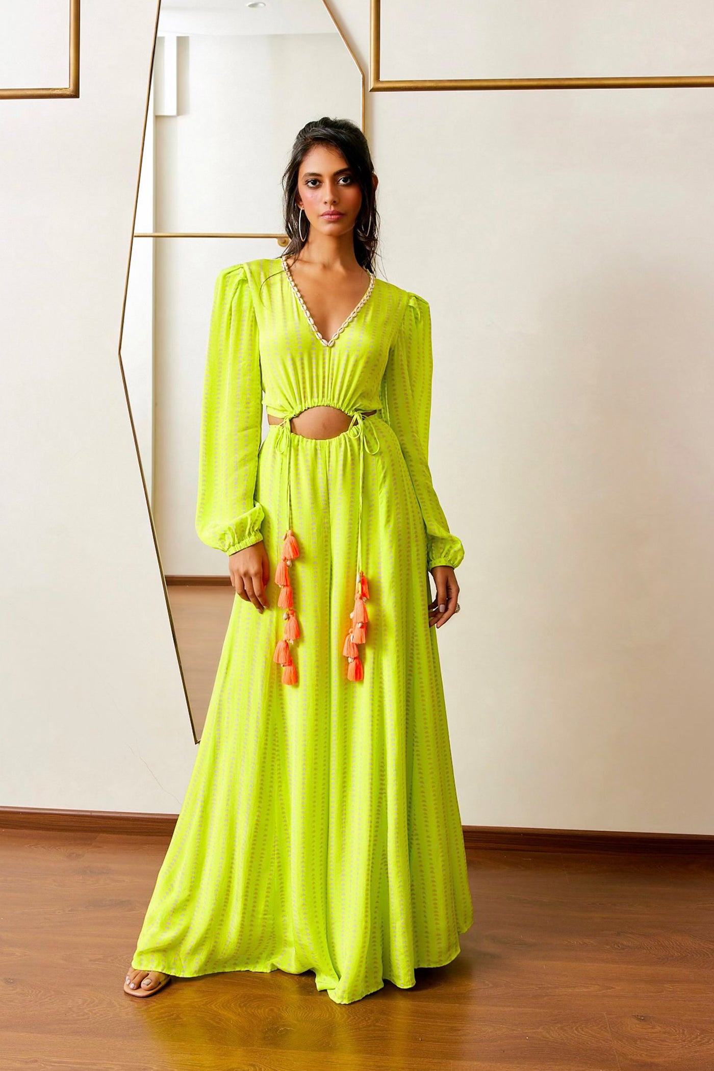 Maison Blu Neon Green Shell Tie Up Jumpsuit With Tassels western indian designer wear online shopping melange singapore