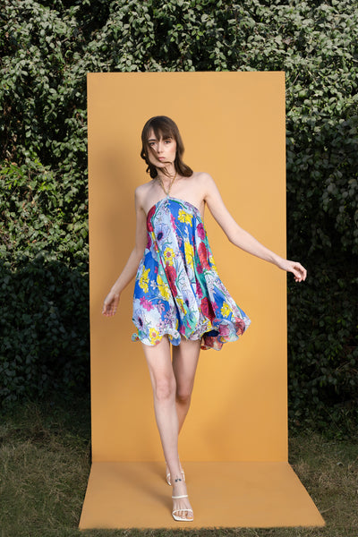 Mandira wirk Hibiscus Printed Halter Neck Short Dress blue western indian designer wear online shopping melange singapore