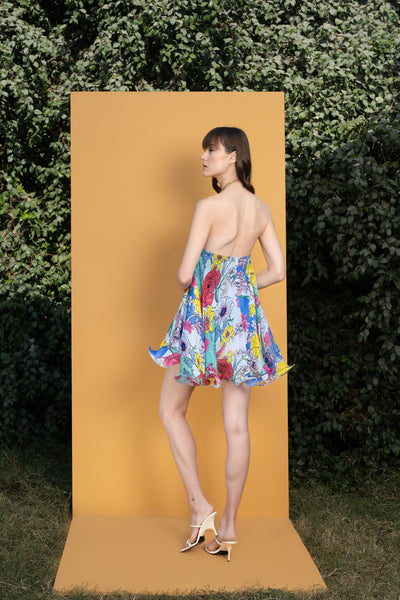 Mandira wirk Hibiscus Printed Halter Neck Short Dress blue western indian designer wear online shopping melange singapore