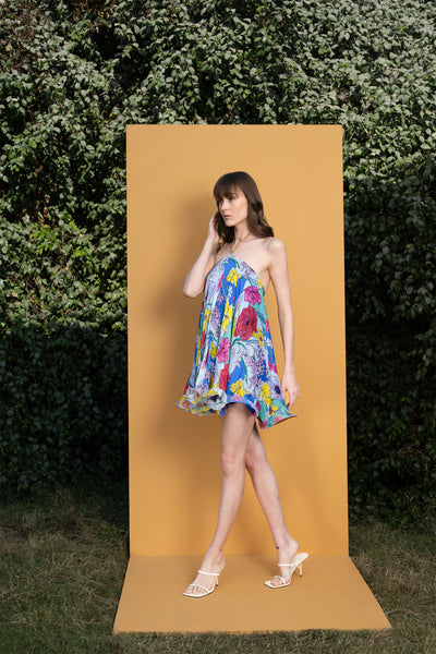 Mandira wirk Hibiscus Printed Halter Neck Short Dress blue western indian designer wear online shopping melange singapore