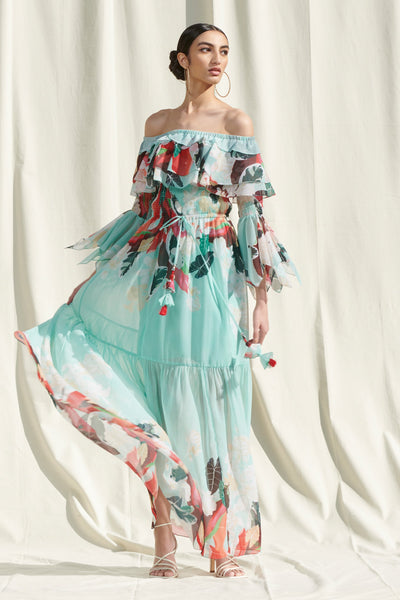 Mandira Wirk - Off Shoulder Smocking Dress - Melange Singapore - Indian Designer Wear Online Shopping