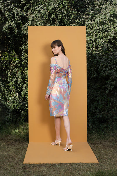 Mandira wirk Pop Abstract Draped Sequins Printed Short Dress multicolor western indian designer wear online shopping melange singapore