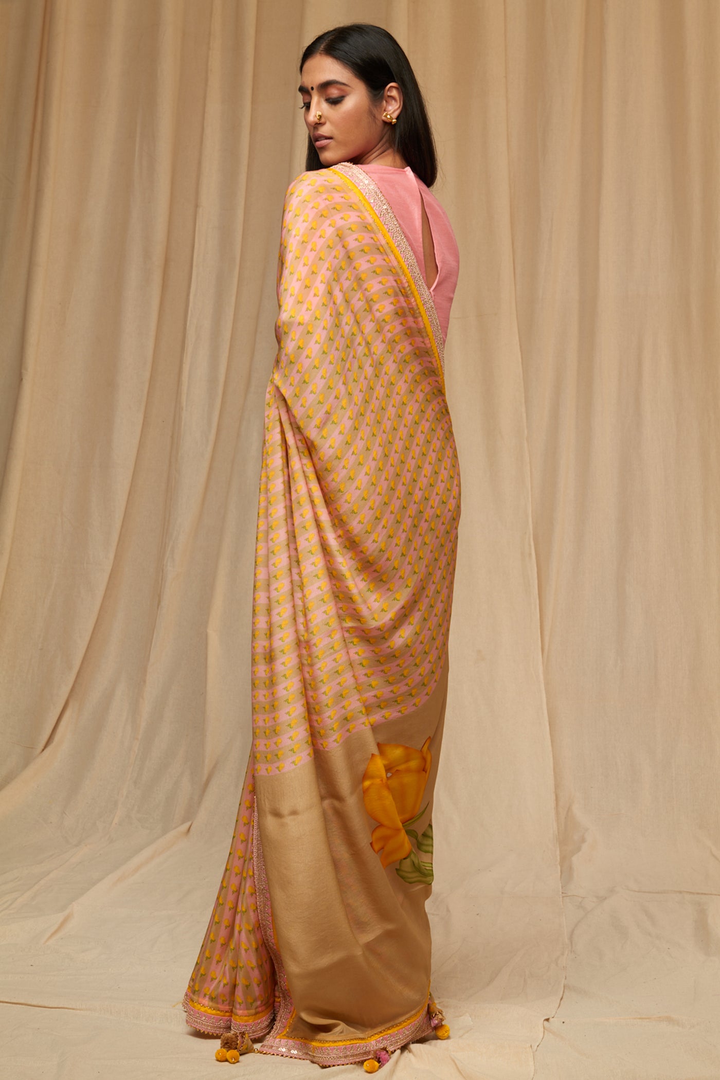 Masaba Beige Striped Wallflower Saree festive indian designer wear online shopping melange singapore
