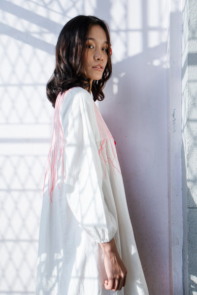 Nika Nikasha Hand woven embroidered dress white Indian Designer wear Melange Singapore Online Shopping Sustainable fashion clothing