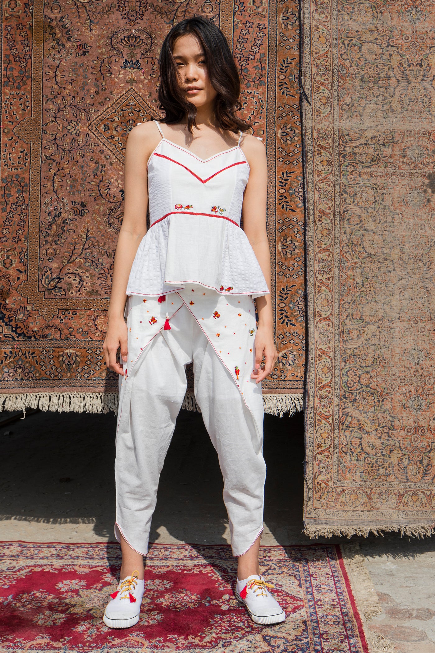 Nika Nikasha Hand woven embroidered wrap pants white Indian Designer wear Melange Singapore Online Shopping sustainable clothing