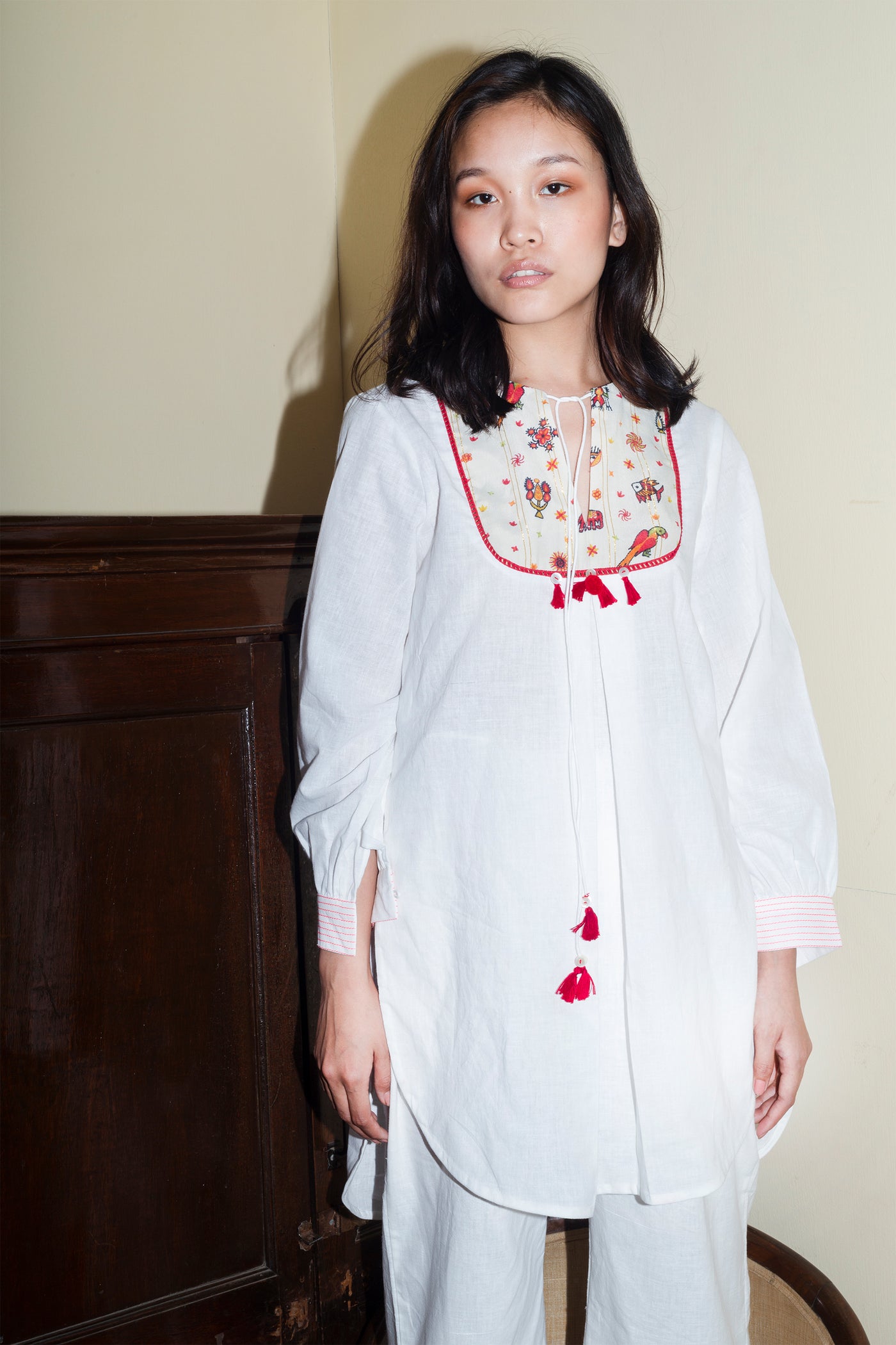 Nika Nikasha Hand woven embroidered pant tunic set white Indian Designer wear Melange Singapore Online Shopping Sustainable fashion clothing
