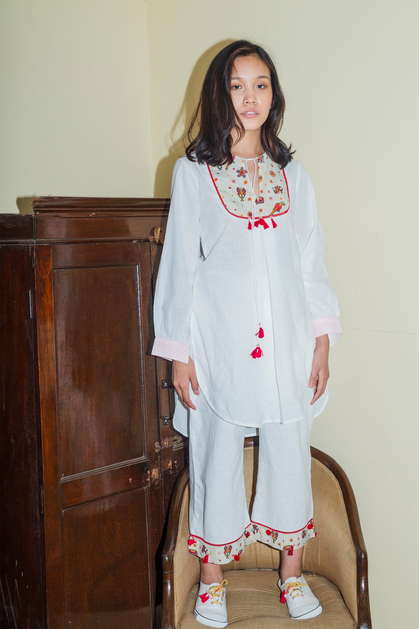 Nika Nikasha Hand woven embroidered pant tunic set white Indian Designer wear Melange Singapore Online Shopping Sustainable fashion clothing