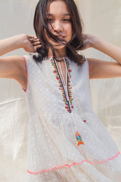 Nika Nikasha Hand woven embroidered dress chanderi white Indian Designer wear Melange Singapore Online Shopping