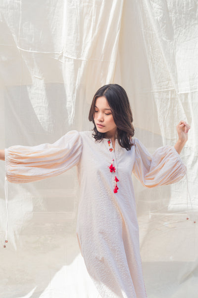 Nika Nikasha Hand woven embroidered dress white Indian Designer wear Melange Singapore Online Shopping Sustainable fashion clothing