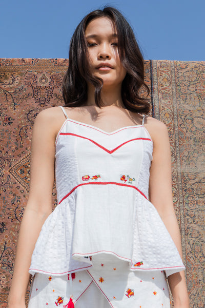 Nika Nikasha Hand woven embroidered cami top white Indian Designer wear Melange Singapore Online Shopping Sustainable fashion clothing