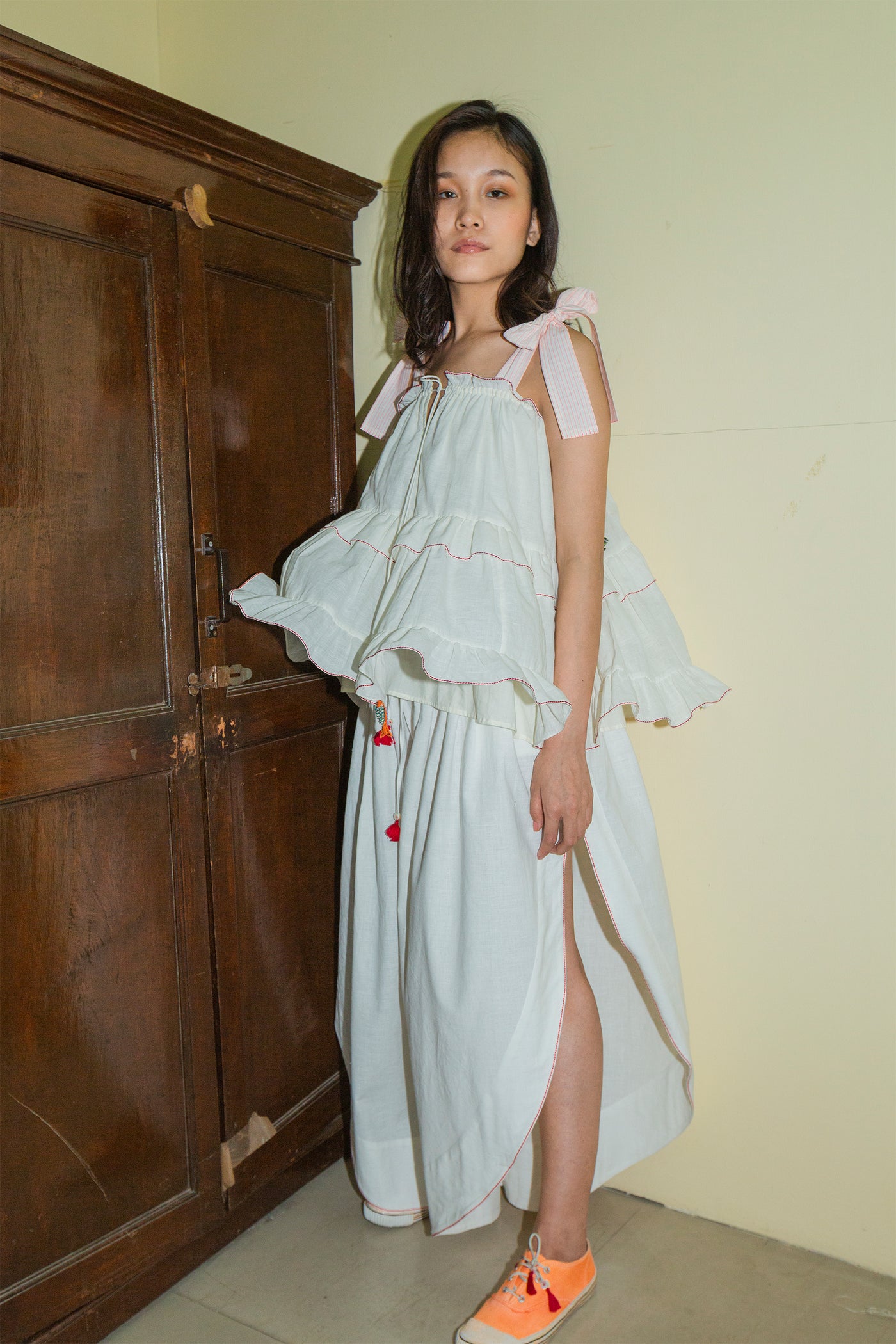 Nika Nikasha Hand woven embroidered cami ruffle top white Indian Designer wear Melange Singapore Online Shopping Sustainable fashion clothing