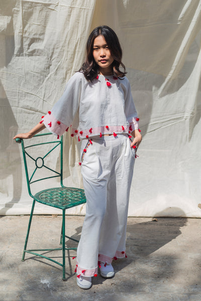 Nika Nikasha Hand woven embroidered crop top pant set white Indian Designer wear Melange Singapore Online Shopping sustainable fashion clothing