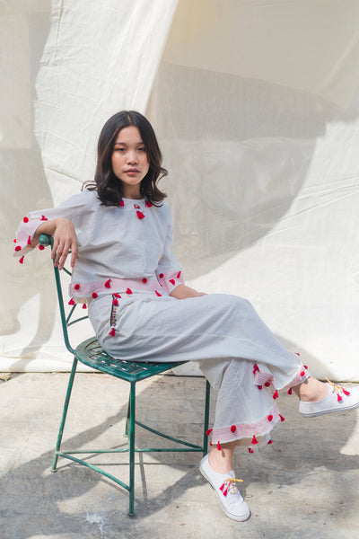 Nika Nikasha Hand woven embroidered crop top pant set white Indian Designer wear Melange Singapore Online Shopping sustainable fashion clothing
