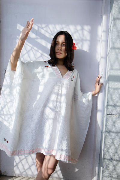 Nika Nikasha Hand woven embroidered kaftan dress white Indian Designer wear Melange Singapore Online Shopping Sustainable fashion clothing