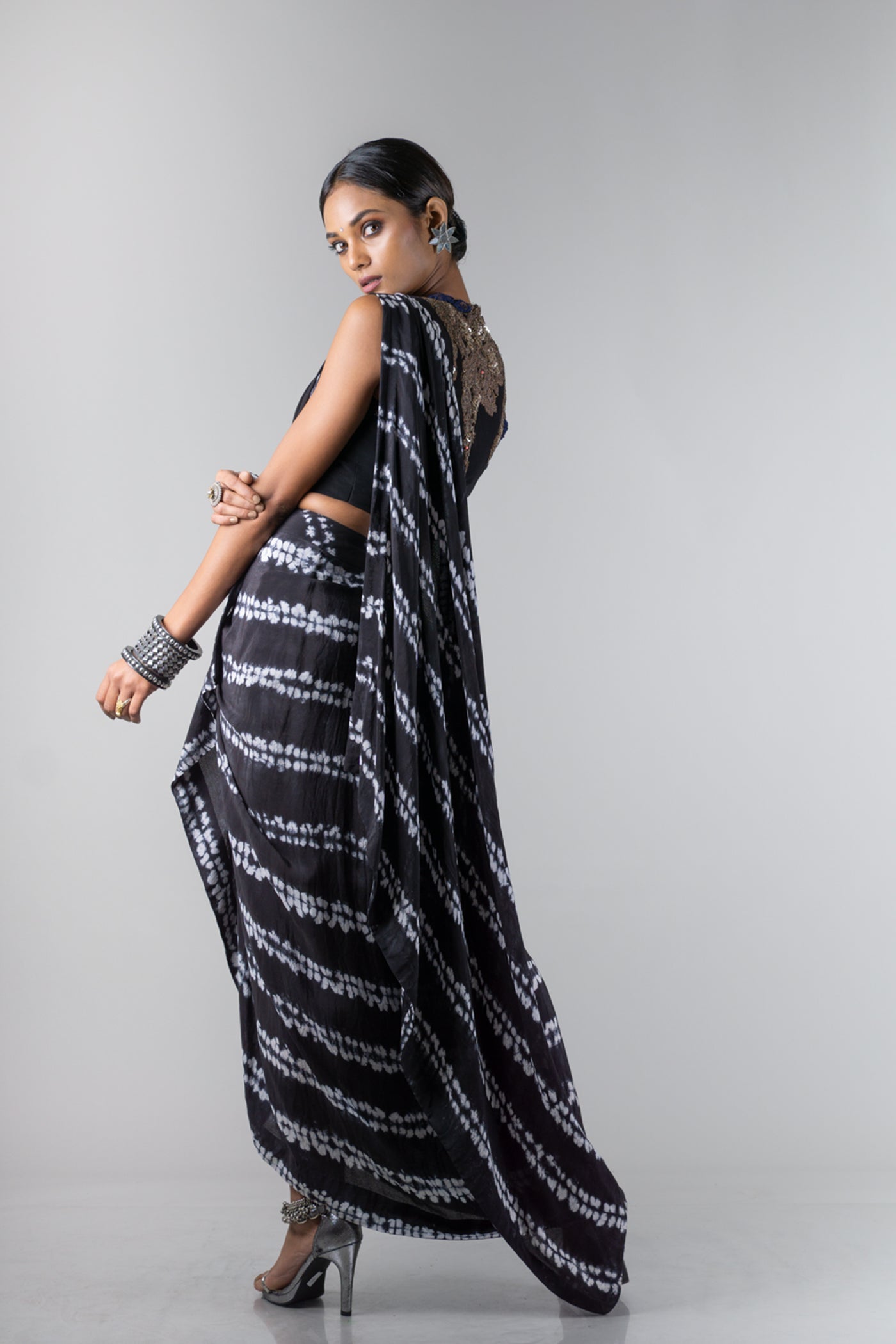 Black Pre Draped Sari With Blouse