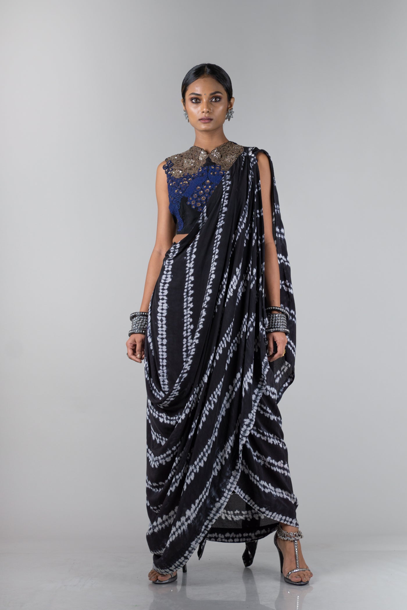 Black Pre Draped Sari With Blouse