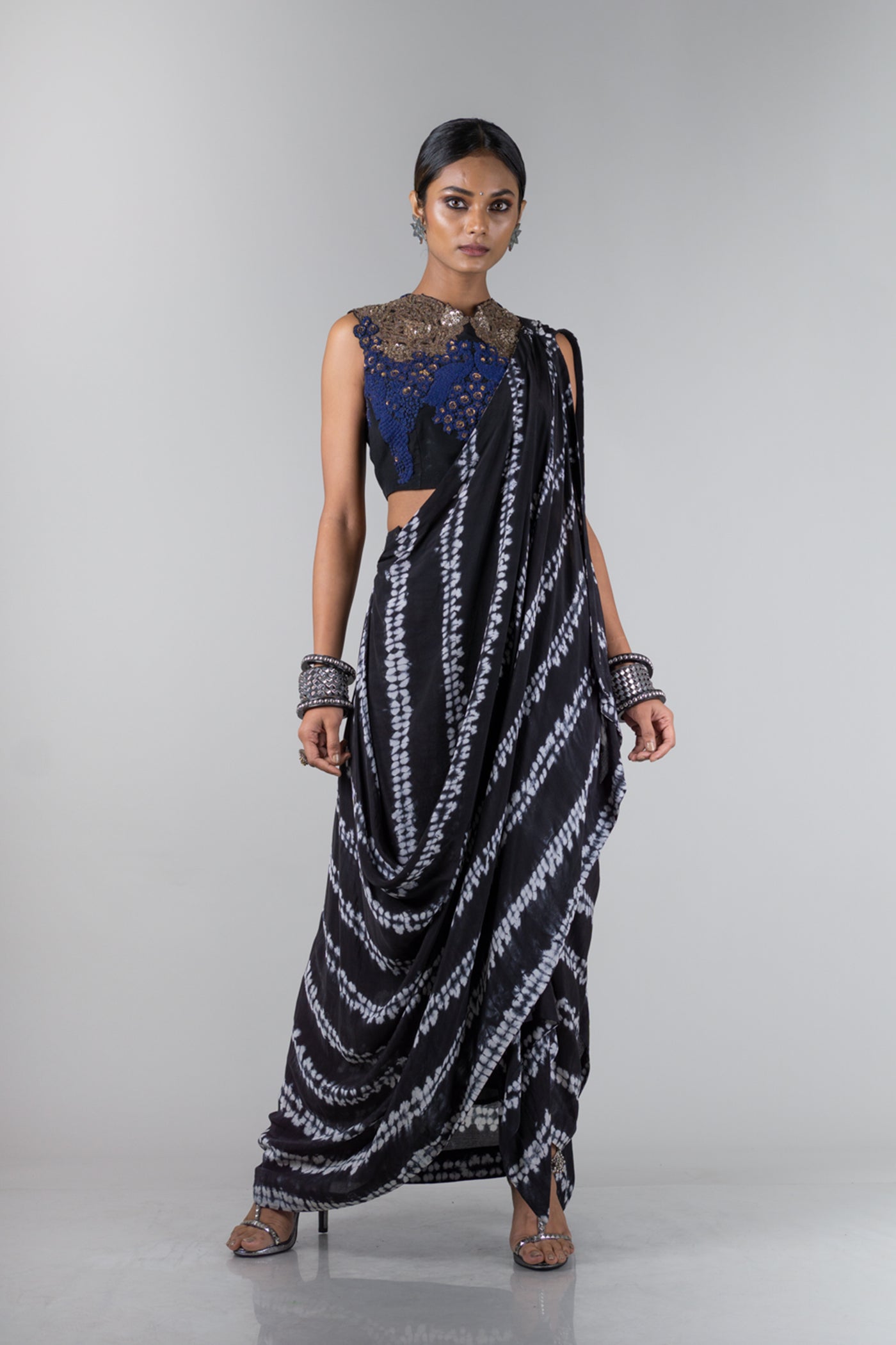 Black Pre Draped Sari With Blouse