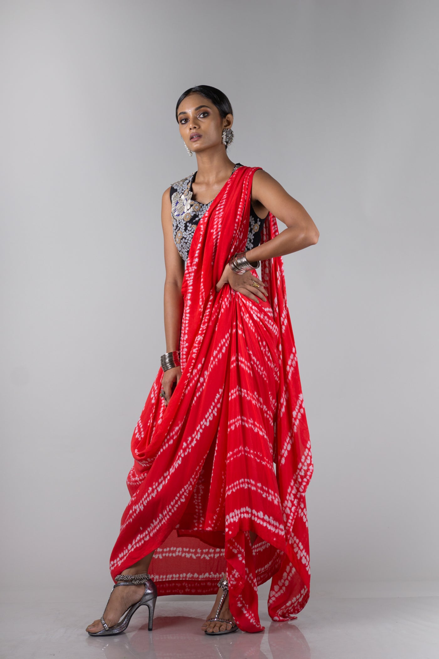 Coral Pre Draped Sari With Blouse
