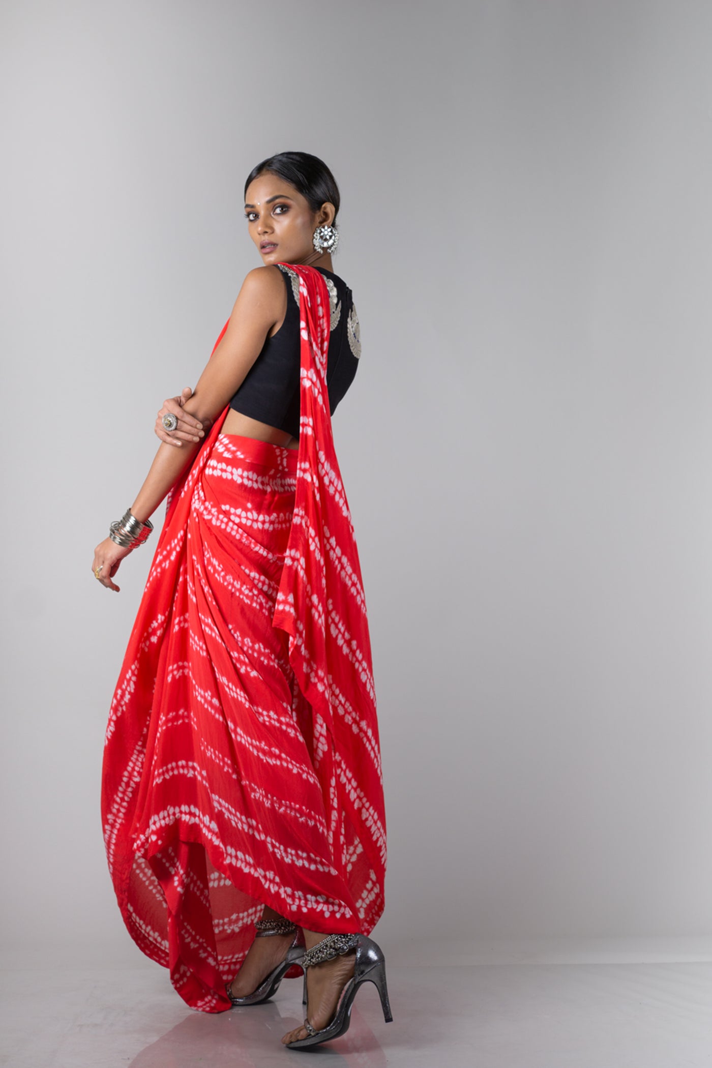 Coral Pre Draped Sari With Blouse