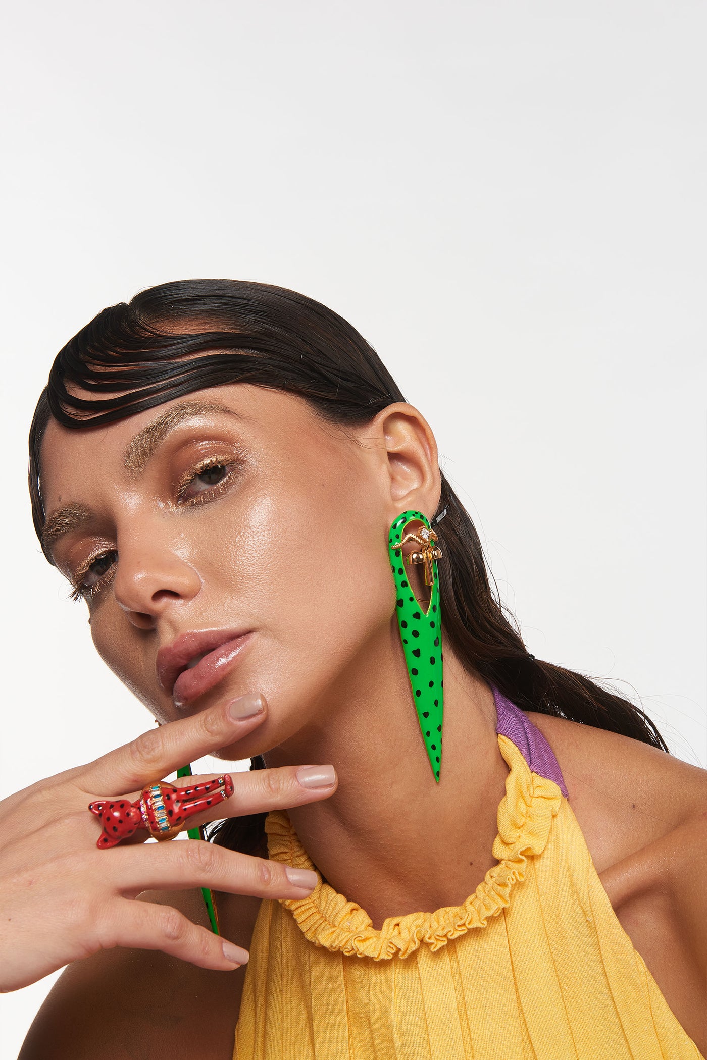 Outhouse Jewellery Gavi Spicule Earrings In Green Leopard Enamel Finish Fashion Jewellery Online Shopping Melange Singapore Indian Designer Wear