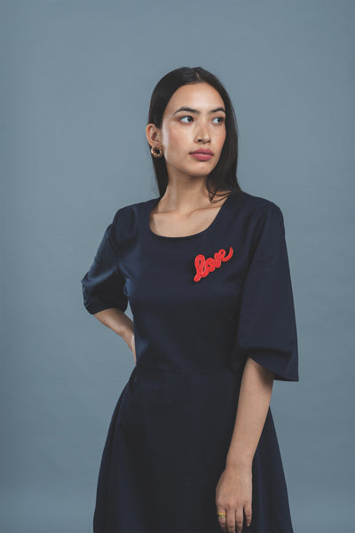 pallavi swadi Navy Midi Dress With LOVE Brooch western indian designer wear online shopping melange singapore