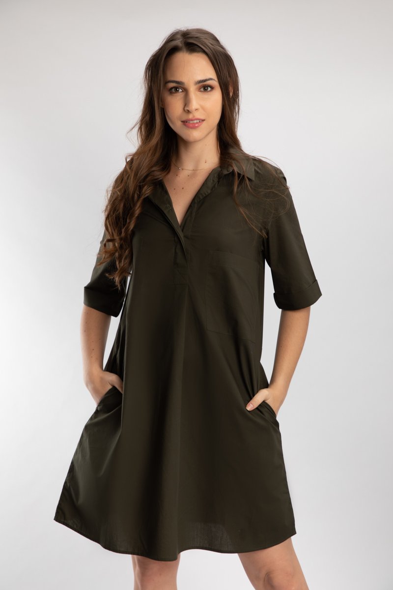 Olive Pleated Pocket Dress