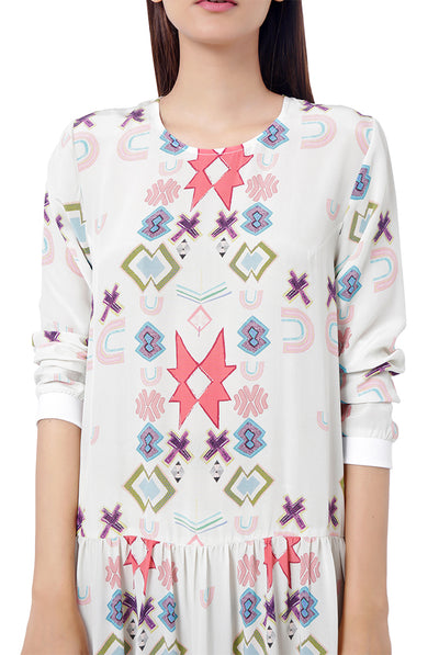 Payal Singhal - White Colour Printed Crepe Frill Hem Tunic - Melange Singapore - Indian Designer Wear Online Shopping