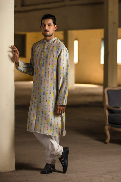 Rohit Gandhi - Rahul Khanna - Cream printed silk kurta set - Melange Singapore - Indian Designer Wear Online Shopping