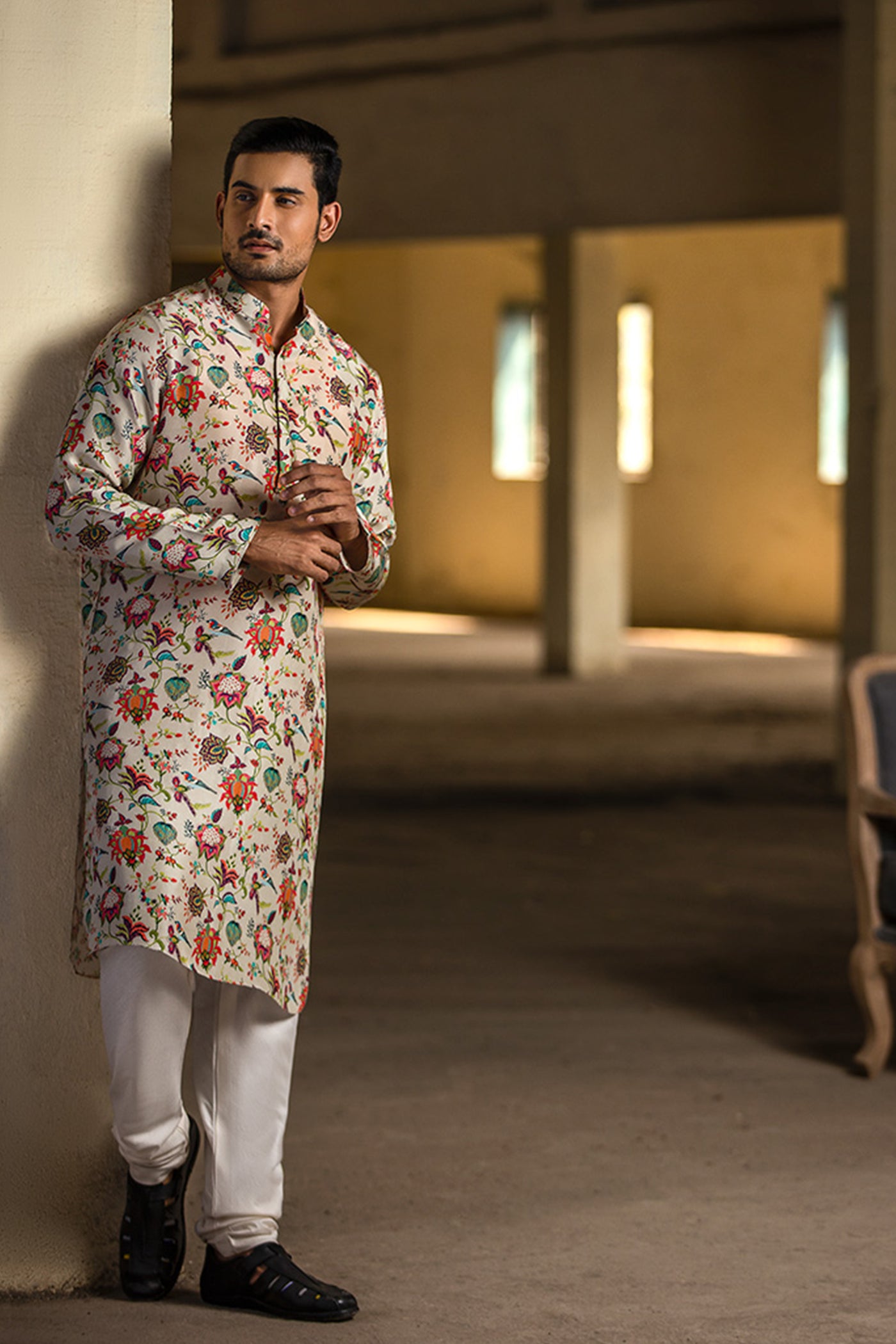 Payal Singhal - Khakhi printed silk kurta set - Melange Singapore - Indian Designer Wear Online Shopping